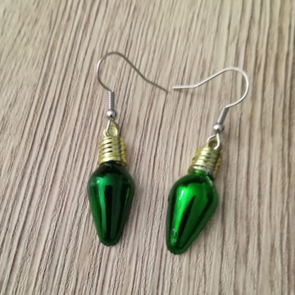 Holiday Christmas lightbulb festive earrings hand crafted metallic new handmade